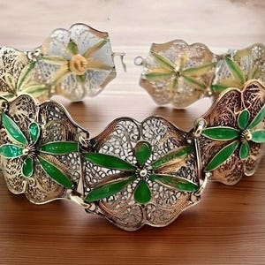 Vintage Topazio Portugal Cannetille Sterling Silver Bracelet with Green Enamel Flowers