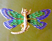 Dragonfly Brooch-Pin by JJ, Blue Green Enamel, Vintage, Gold Tone