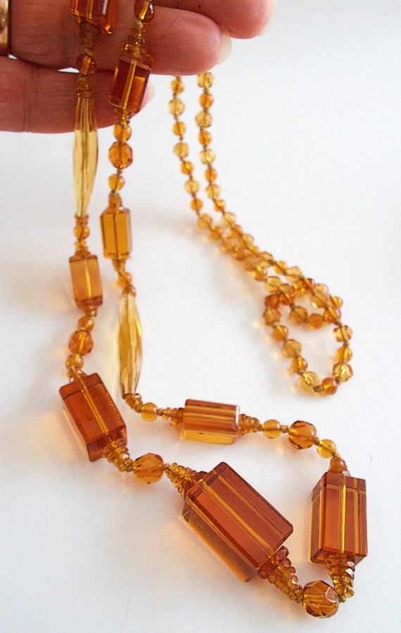 Czech Gold Topaz Glass Long Necklace, Geometric C… - image 3