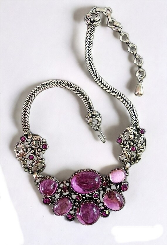 SELRO Purple Rhinestone Necklace, Large Glass Cab… - image 4