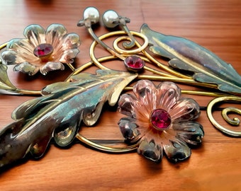 5 Inch 1940s Sterling VAN DELL Brooch, 12 KT Gold Filled floral, Art Nouveau, Faux Pearls, Signed Large Vintage