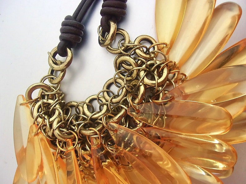 Lucite Amber Crystal Bib Necklace Drop Faux Leather Cords Etsy