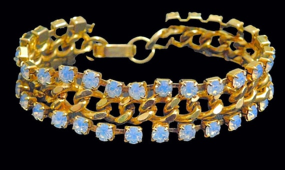Opalescent Rhinestone Tennis Bracelet, Gold Plate… - image 3