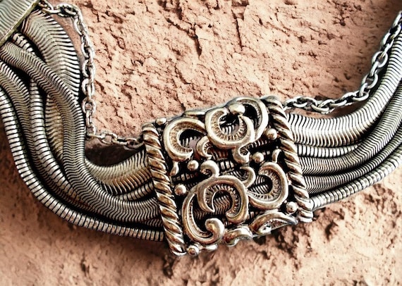 Etruscan Revival Snake Chain Bracelet, Ornate Cen… - image 1