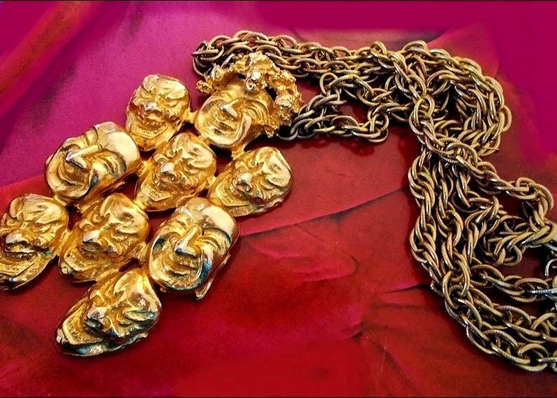 LES BERNARD Multi Faces Statement Necklace, Gold Plate, Double Strand