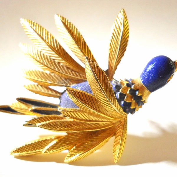 Bird Brooch St Labre Blue Enamel Gold Vintage Feathers In Flight