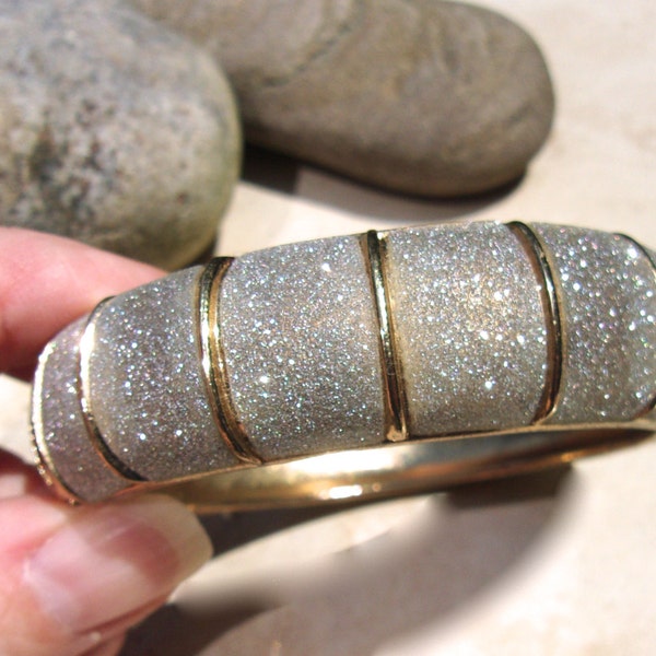 Silver Stardust Hinged Bracelet, Gold Tone Clamper Bangle, Vintage