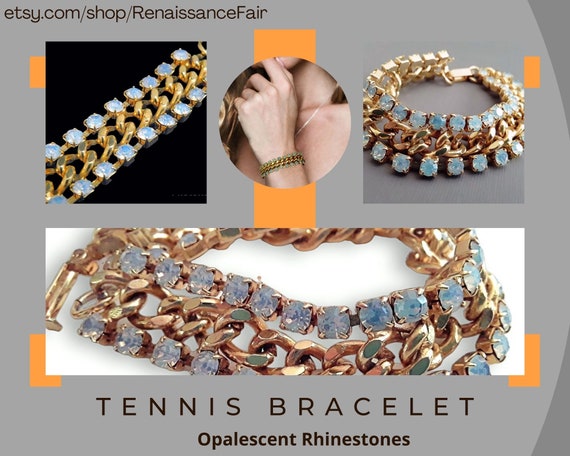Opalescent Rhinestone Tennis Bracelet, Gold Plate… - image 10