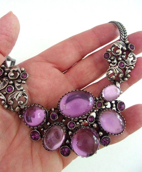 SELRO Purple Rhinestone Necklace, Large Glass Cab… - image 8