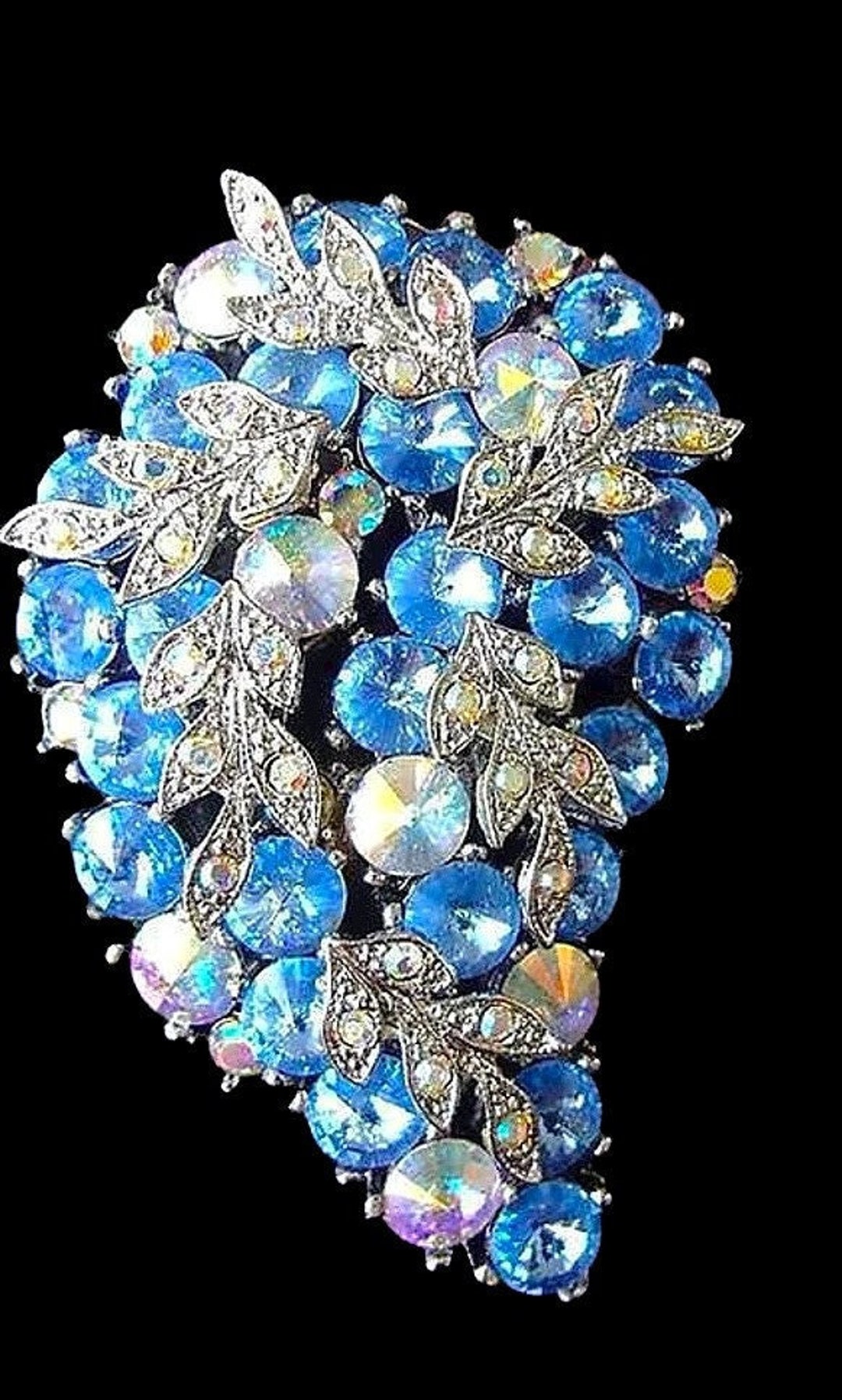 Blue AB Rivoli Rhinestone Cluster Brooch, Silver Leaves, Paisley Shape ...