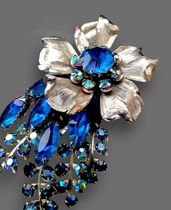 Signed SELINI Flower Brooch, Blue & AB Rhinestone… - image 7