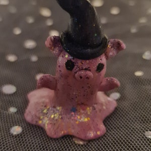 Handcrafted Pig Ghost Polymer Clay Figurine with a Sparkling Witch's Hat