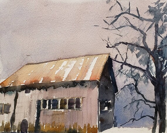 Original Watercolor Painting Old Barn Farm Art Columbia River Etsy