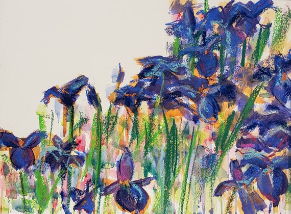 Original Acrylic Pastel Painting Iris Fields Flower Floral Art Etsy