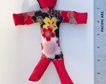 Handmade Art Doll Mei: Upcycled Fabric, Embroidered Face, Hawaii Made