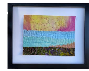 Sunrise Drift– Framed Hand-Stitched Mini Quilt with Swirling Sky
