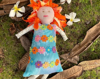Handmade Spirit Doll: Floral Embroidery, Fiery Hair - Stitch Dreams Hawaii