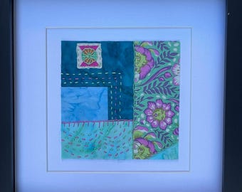 Blue Garden Patchwork – Hand-Stitched Textile Collage