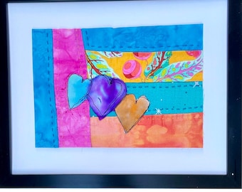 Three of Hearts – Bright, Whimsical Textile Collage Quilt