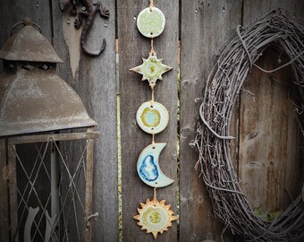 Handmade Ceramic Wall Hanging, Celestial Wall Hanging, Moon Phase, Moon Cycle, Sun Moon Stars, Boho Wall Art, Handcrafted Geode Wall Hanging