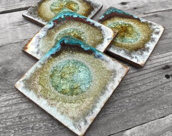 Green & Copper Geode Crackle Coaster: Geode Coaster, Agate Coaster, Celestial Coaster in GREEN and COPPER