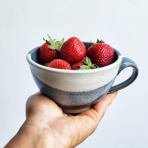 May include: A ceramic bowl with a handle, filled with fresh red strawberries. The bowl has a blue, white, and gray color scheme. The bowl is being held in a person's hand against a white background. The strawberries have green leaves.