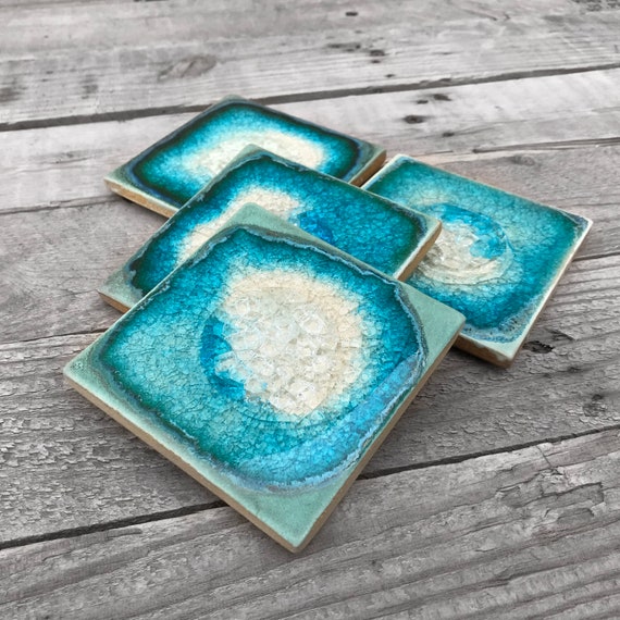 Ceramic Coaster Crackle Glass Coaster Dock 6 Pottery Coaster Crackle Coaster Fused Glass Coaster Agate Coaster Geode Coaster Geode Crackle Coaster Set of 4 in Sienna