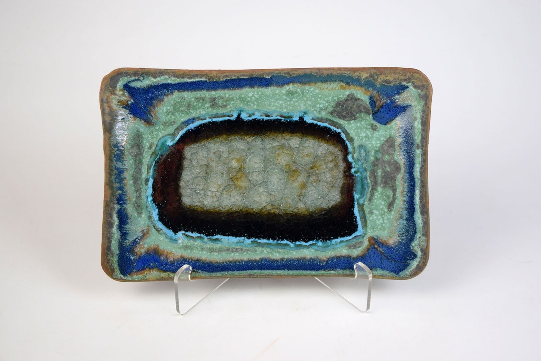 Small Straight Edge Rectangle Tray in Green With Blue Accent Etsy