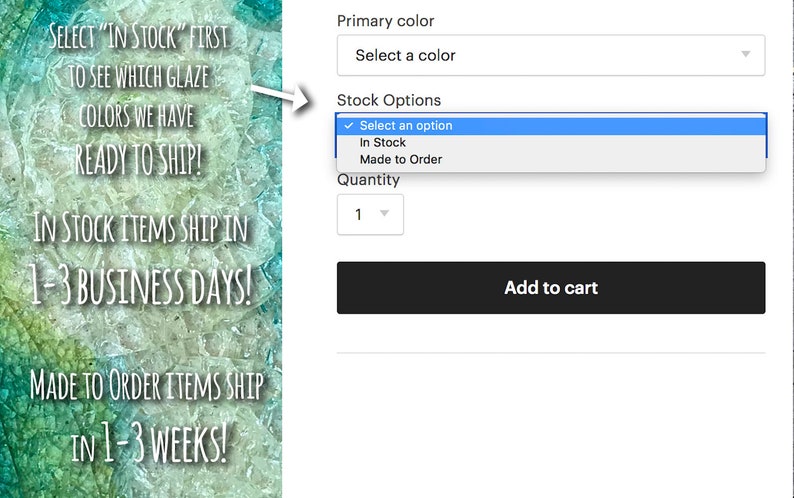 K&ouml;nnte beinhalten: Screenshot einer E-Commerce-Produktseite. Die Seite enth&auml;lt Optionen zur Auswahl einer Prim&auml;rfarbe und Lageroptionen, mit einem Dropdown-Men&uuml;, das "Auf Lager" und "Auf Bestellung" anzeigt. Die Seite hat auch eine Schaltfl&auml;che "In den Warenkorb".