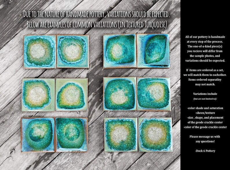 K&ouml;nnte beinhalten: Handgefertigte Keramikfliesen mit strukturierten t&uuml;rkisfarbenen Designs. Das Bild zeigt Beispiele f&uuml;r Variationen in Farbe, Form und Textur. Der Text besagt, dass Variationen zu erwarten sind.