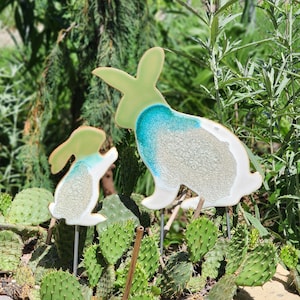 Baby and Momma Rabbit Large Garden Stake Medium Plant Pot Stake Geode Style Ceramic