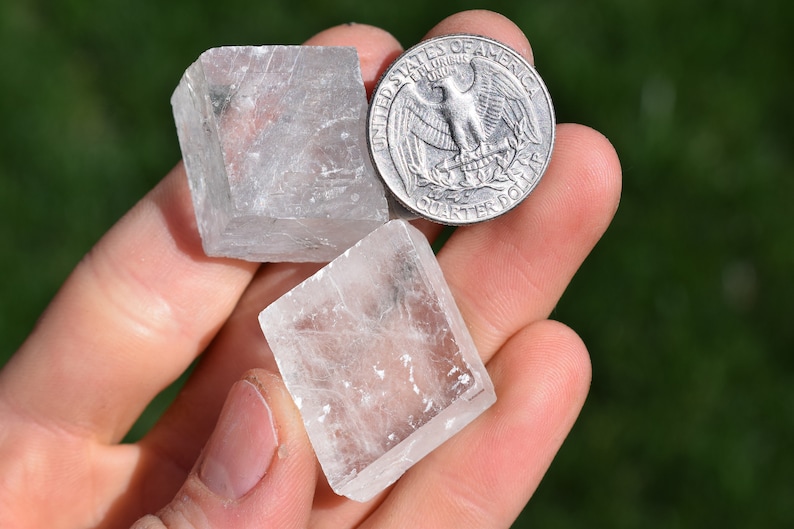Iceland Spar Megaqhron 2 Optical Calcite Cubes Rough Clear Crystal Viking Sun Stone ~1 Inch Geometric Crystals Natural Minerals