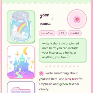 May include: A pastel pink and green digital art layout with a header that says "your tagline goes here." The layout includes sections for "about me," "my links," and a profile with the text "your name," "she/her," "24," and "artist."