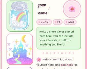 Puede incluir: Diseño de arte digital en rosa pastel y verde con el texto "your tagline goes here". Incluye secciones para "about me", "my links" y un perfil con el texto "your name", "she/her", "24" y "artist".
