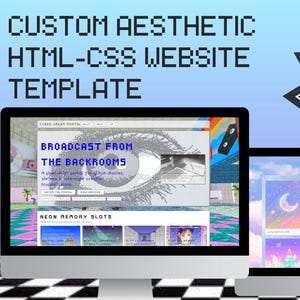 Könnte beinhalten: Zwei Computermonitore, die eine benutzerdefinierte ästhetische HTML-CSS-Website-Vorlage anzeigen. Der linke Monitor zeigt eine Website mit dem Text "BROADCAST FROM THE BACKROOMS". Der rechte Monitor zeigt eine Website mit dem Text "TAR T" und "CUSTOM" in einem Stern.