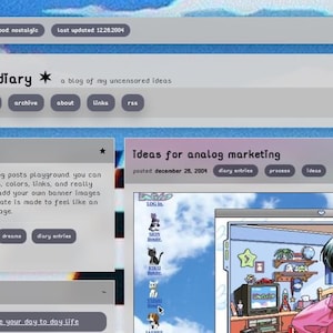 Peut inclure: Conception de page web avec un fond à carreaux bleu ciel et blanc. Le site présente le texte "cyber diary" et "Ideas for analog marketing". Une illustration de style anime est visible dans une fenêtre. Le design a une esthétique rétro.