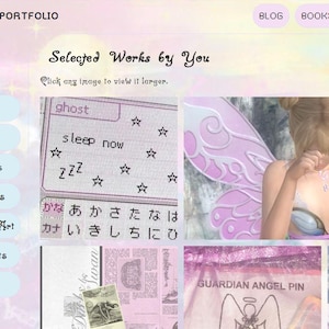 May include: A website design with a pastel color scheme. The header includes navigation links like "Blog" and "Shop." The main content features image thumbnails, including text that reads "ghost" and "hipnosis." The site's title is "Selected Works by You."