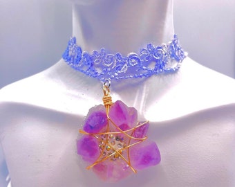 Amethyst quartz choker purple crystal whimsical fantasy necklace ethereal