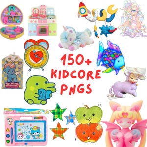 May include: A collection of colorful Kidcore PNGs, including a toy kitchen, a plush unicorn, a rocket ship mobile, a heart-shaped clock, a drawing board, and various other whimsical illustrations. The text "150+ KIDCORE PNGS" is displayed.