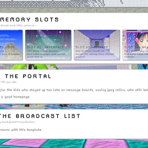 K&ouml;nnte beinhalten: Ein digitales Kunstwerk, das ein Website-Design mit dem Text "NEON MEMORY SLOTS" und "ABOUT THE PORTAL" zeigt. Das Design umfasst mehrere Bildschlitze, eine CD und eine VHS-Kassette mit einer farbenfrohen, pixeligen &Auml;sthetik. Das Thema der Website ist retro und internetinspiriert.