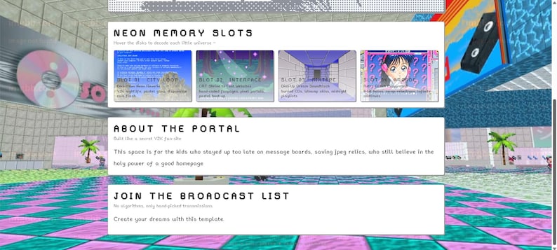 K&ouml;nnte beinhalten: Ein digitales Kunstwerk, das ein Website-Design mit dem Text "NEON MEMORY SLOTS" und "ABOUT THE PORTAL" zeigt. Das Design umfasst mehrere Bildschlitze, eine CD und eine VHS-Kassette mit einer farbenfrohen, pixeligen &Auml;sthetik. Das Thema der Website ist retro und internetinspiriert.
