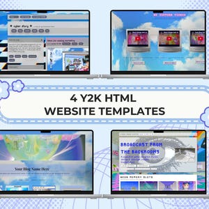 Peut inclure: Quatre écrans d'ordinateur portable affichant des modèles de site web HTML Y2K avec des arrière-plans de ciel bleu, des graphiques pixélisés et des éléments d'interface rétro. Le texte 4 Y2K HTML WEBSITE TEMPLATES est centré entre les écrans.