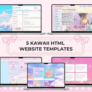 May include: Five laptop screens displaying various website templates with pastel color palettes, cloud motifs, and star graphics. The text 5 KAWAII HTML WEBSITE TEMPLATES is centered in a decorative frame above the screens on a pink background.