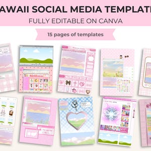 May include: A collection of pink and white Kawaii social media templates, fully editable on Canva. The templates feature pastel colors, including pink, blue, and yellow, with various designs and layouts. The image includes the text "15 pages of templates".