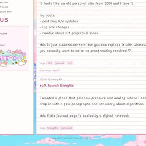 May include: A digital notebook webpage with a pastel color scheme. The page features text, including "STATUS" and "SEE YOU", along with a list of goals and placeholder text. The background depicts a pixelated cityscape with blue buildings and pink clouds.