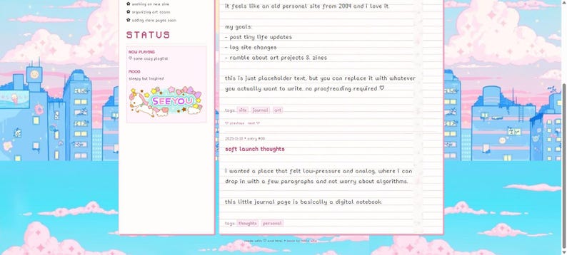 May include: A digital notebook webpage with a pastel color scheme. The page features text, including "STATUS" and "SEE YOU", along with a list of goals and placeholder text. The background depicts a pixelated cityscape with blue buildings and pink clouds.