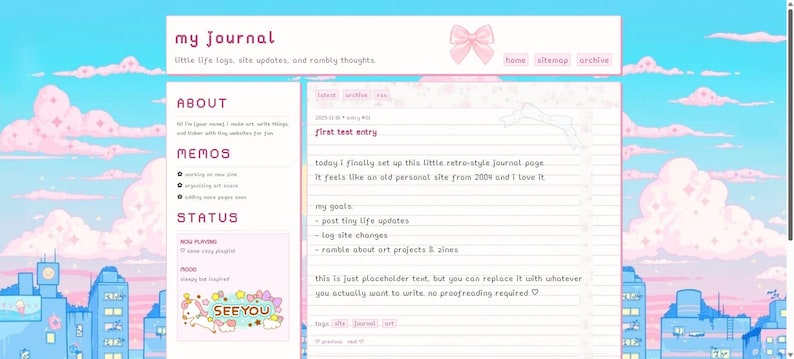 May include: A website design with a pastel sky background and a cityscape at the bottom. The website's title is "my Journal" with a pink bow graphic. The site includes sections for "About", "Memos", and "Status", with a "See You" graphic.