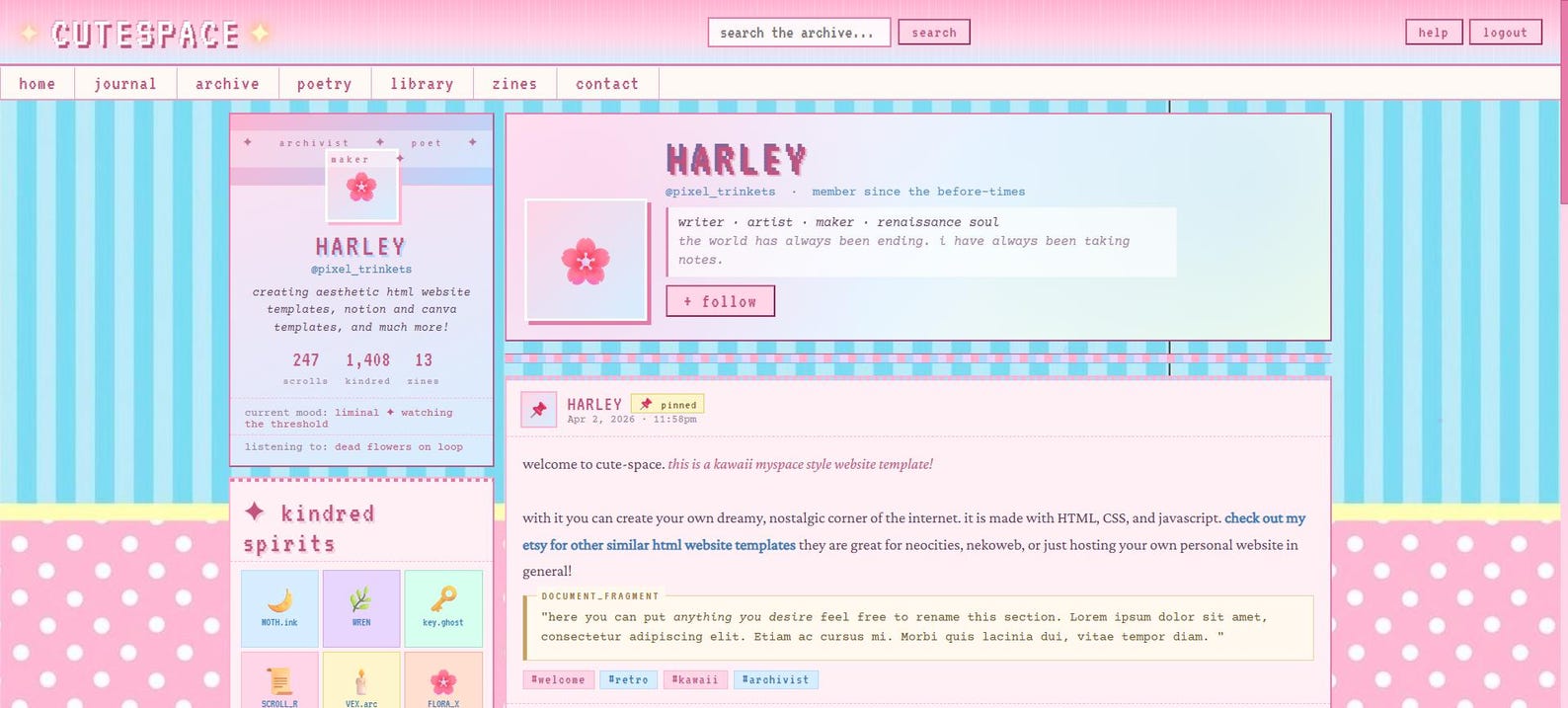 Kawaii Website Template HTML: Y2K Myspace Webcore Pastel Indie Web ...