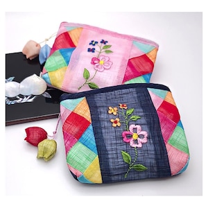 3つの韓国伝統パッチワークポーチ ミニ刺繍 ジッパー付きコインウォレット 財布 チョガクボ 文化ギフト 小銭入れ デュアルジッパーポケット