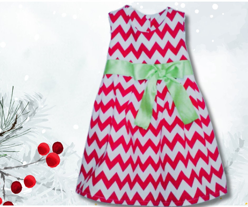 Christmas Chevron Baby Dress, Red and White Cotton